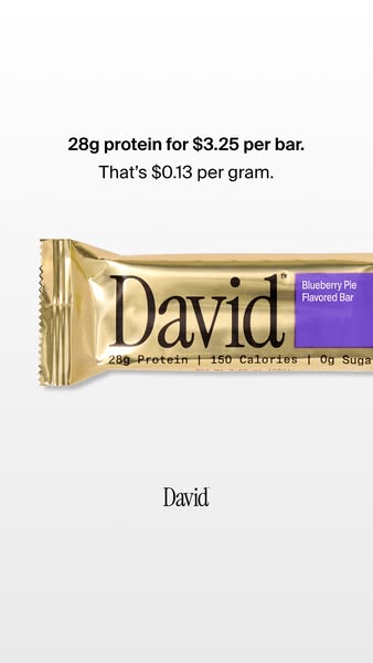 A direct offer for a David protein bar in blueberry pie flavor that highlights the per-gram cost of protein.
