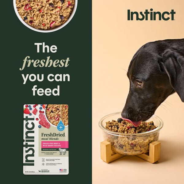 This ad for Instinct FreshDried Meal Blends dog food emphasizes the freshness of the product and showcases a dog enjoyin
