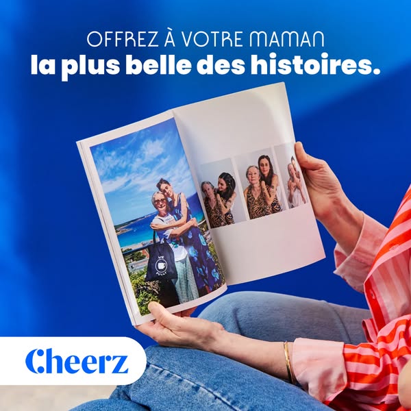 This image ad shows a woman sitting down and flipping through a photo album from the company Cheerz. The album contains 