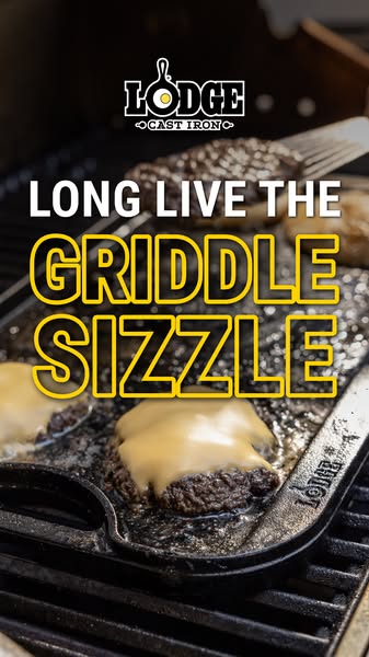 A close-up shot of burgers on a Lodge cast iron griddle shows how well the product works.