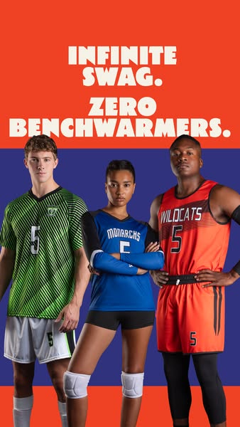 This image ad shows three young people wearing team uniforms. The ad copy reads, "INFINITE SWAG. ZERO BENCHWARMERS.