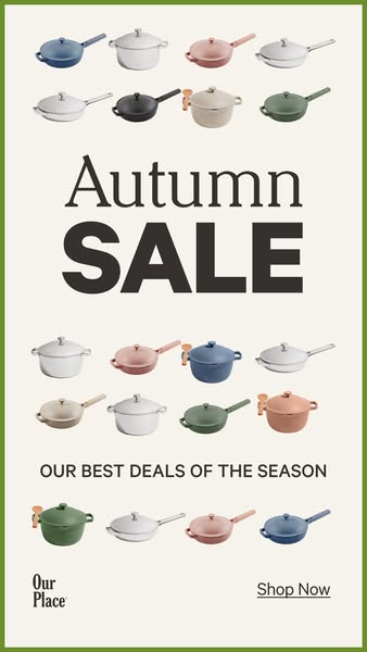 This image ad promotes Our Place's Autumn Sale. It features an array of Always Pans in various colors, arranged in a