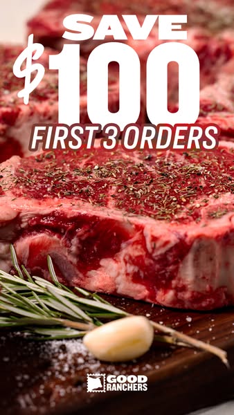This ad features a close up of a steak and promotes an offer to save $100 on the first 3 orders of the steak.