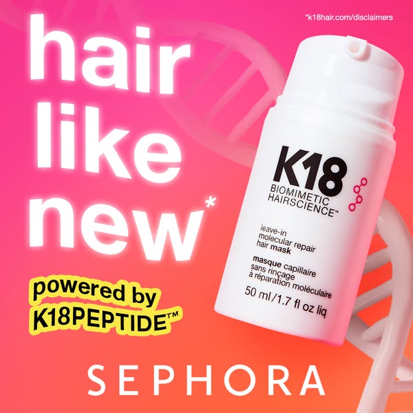 This image ad for K18 promotes the brand's leave-in molecular repair hair mask, highlighting its ability to rejuvena
