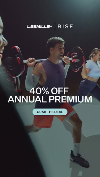 This image ad for Les Mills promotes a 40% off annual premium subscription for their RISE program, featuring active peop