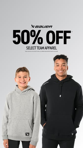 This image ad features two children wearing hoodies from Bauer, promoting 50% off select team apparel. The ad is simple 