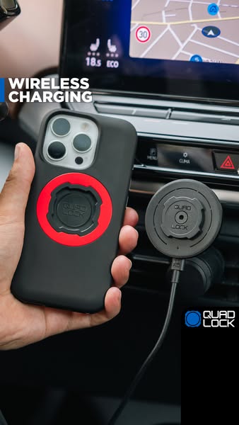 This ad showcases the Quad Lock wireless charging car mount, highlighting its wireless charging capabilities and secure 