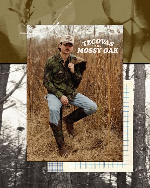 This image ad promotes the Tecovas brand through a partnership with Mossy Oak, featuring a man wearing items from the co