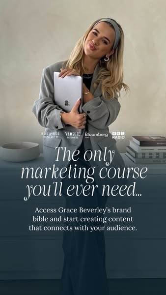 This ad for Grace Beverley's marketing course uses credibility and social proof by leveraging media logos to highlig
