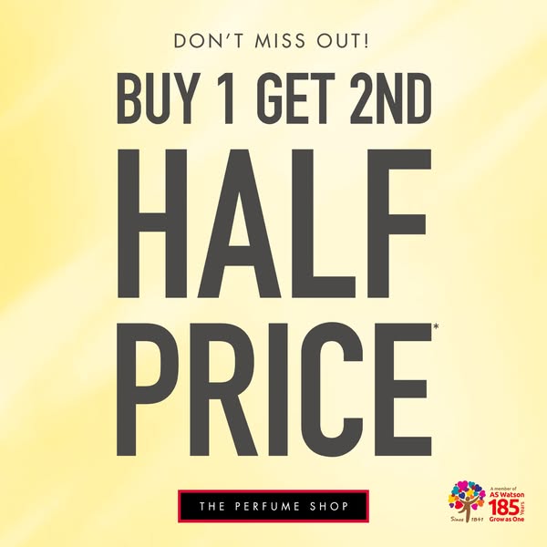 This image ad promotes a 'Buy 1 Get 2nd Half Price' offer from The Perfume Shop.