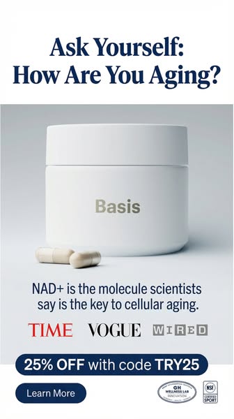This image ad for Basis features a large white container of the product, text that claims scientists say that the NAD+ i
