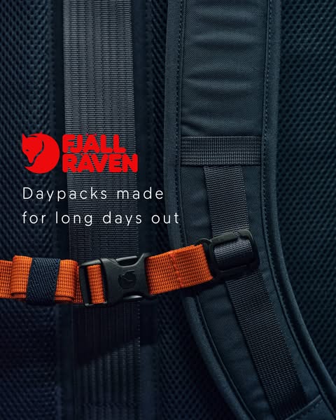 This ad showcases a close up of the Fjallraven brand backpack. The text shown in the ad, "Daypacks made for long da