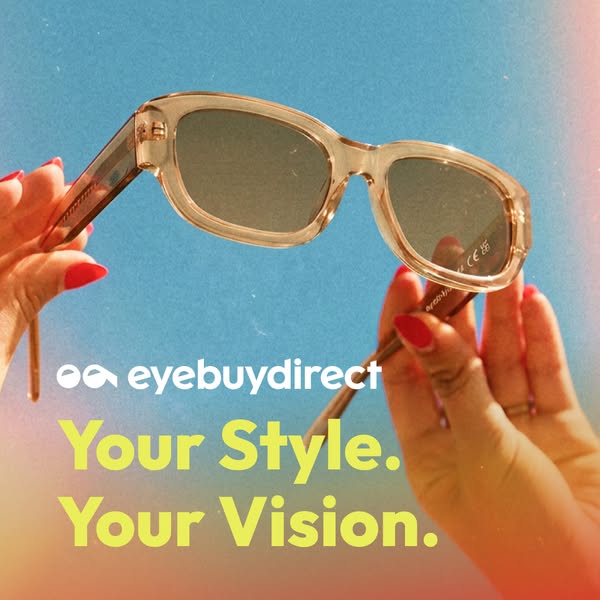 This image ad by eyebuydirect features an individual holding up a pair of the brand's glasses against a blue sky. Th