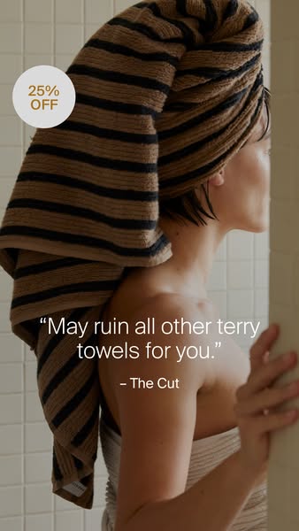This ad showcases a striped brown and black towel worn on a woman's head. A customer quote is used to promote the to