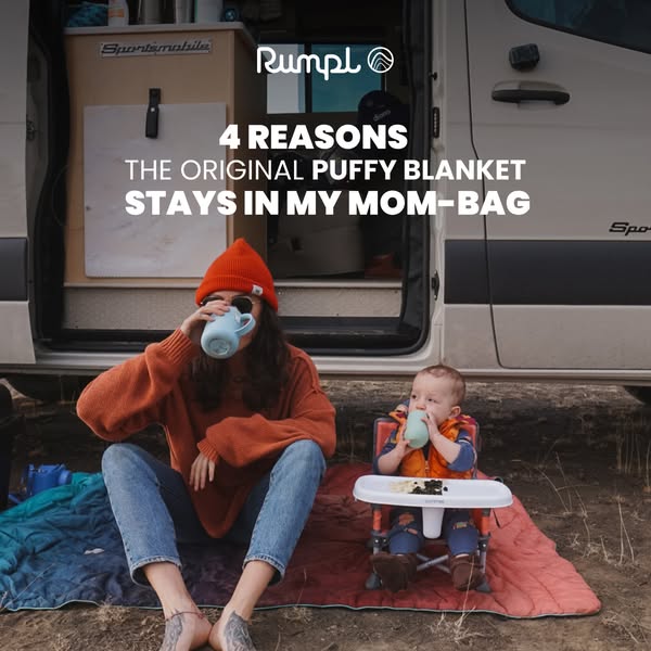The image ad highlights four reasons why a mom uses the Rumpl Original Puffy Blanket. It features an image of a mother a