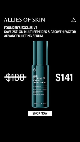 This image ad for Allies of Skin promotes a founder's exclusive sale with 25% off the Multi Peptides & Growth Fa
