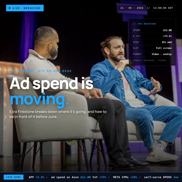 This is an ad for a live webcast on the topic of ad spend. The webcast features Ezra Firestone and the ad highlights the
