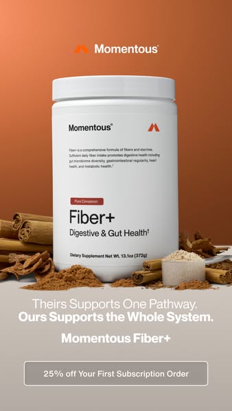 This ad compares Momentous Fiber+ to competitor fiber products, advertising that Momentous supports the whole system. It
