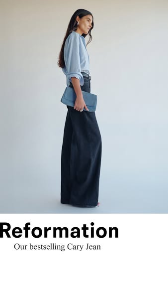 This ad features a model wearing Reformation's Cary Jean, with the brand name and product name prominently displayed