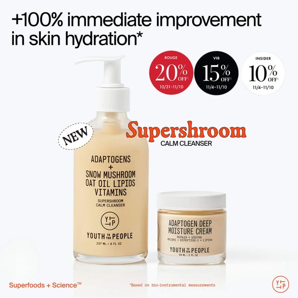 This ad for Youth To The People features their Supershroom Calm Cleanser and Adaptogen Deep Moisture Cream. The ad highl