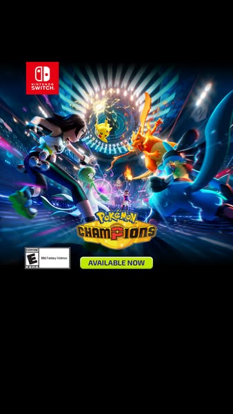 This image ad promotes the Pokémon Champions video game for Nintendo Switch. The ad features a dynamic scene from the ga
