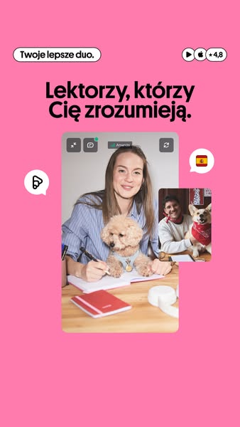 This image ad for a language-learning service shows a woman and a dog video-chatting with another person and a dog. The 
