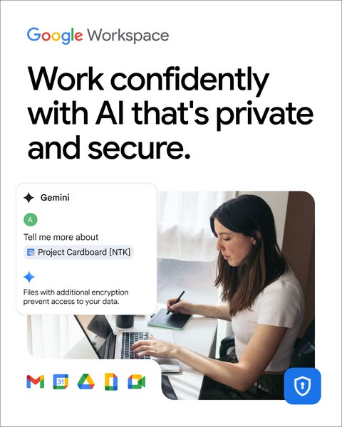 This ad promotes Google Workspace's AI-powered features and highlights the privacy and security benefits for users.