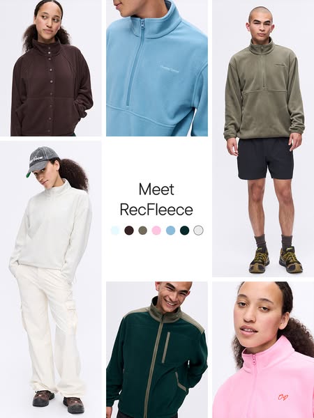 This ad showcases the RecFleece product line from Outdoor Voices. It features a variety of models wearing different styl