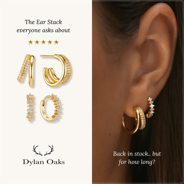 The ad showcases a collection of gold hoop earrings. On the left, the earrings are displayed separately, and on the righ