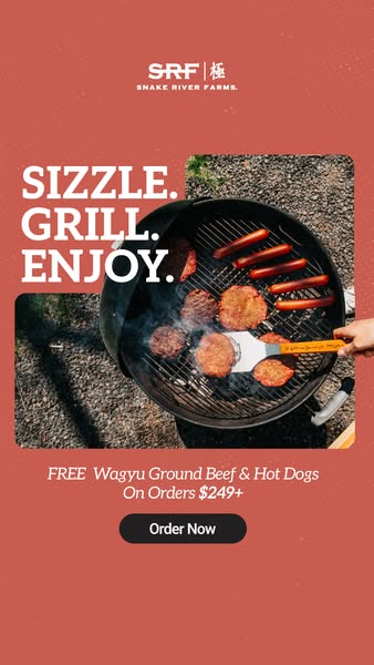 This image ad for Snake River Farms promotes an offer of free Wagyu ground beef and hot dogs on orders of $249 or more. 