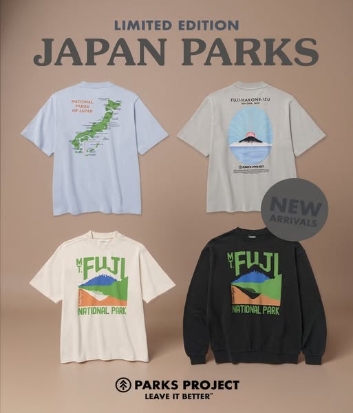 This image ad showcases a collection of t-shirts and a sweatshirt from Parks Project's Japan Parks Limited Edition c