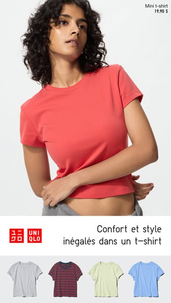 A woman is modeling a coral-colored t-shirt. At the top is the product name and price. At the bottom are a few other col