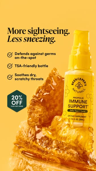 This image ad promotes Beekeeper's Naturals Propolis Immune Support spray. The ad highlights the product's abili