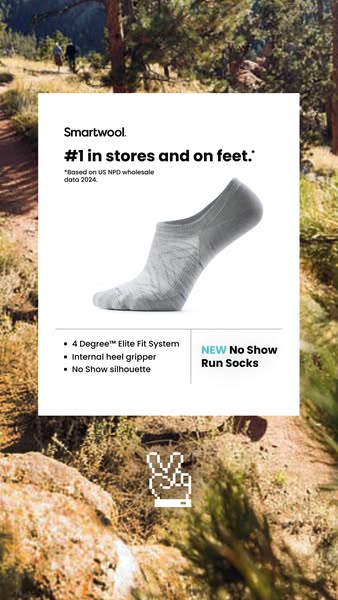 An image ad for Smartwool No Show Run Socks, emphasizing their position as the #1 choice in stores and on feet, and high