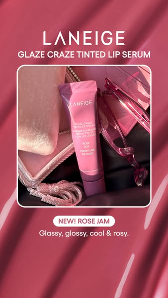 This ad for Laneige Glaze Craze Tinted Lip Serum in the "Rose Jam" color presents the product in a visually ap