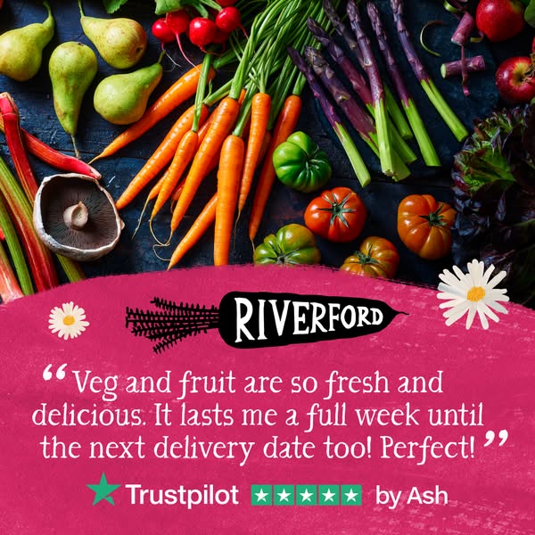 This image ad for Riverford features fresh vegetables and fruit and a testimonial from "Ash" stating that &quo