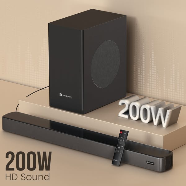 This ad showcases a home audio system composed of a soundbar and subwoofer and highlights its power and audio fidelity. 