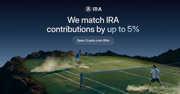 Ad for Crypto.com IRA accounts showing two men on a tennis court. The court is set in a mountain location. The ad states