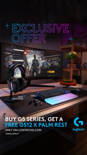 This ad promotes a deal from Logitech where customers can get a free G512 X palm rest when they purchase a G5 series pro