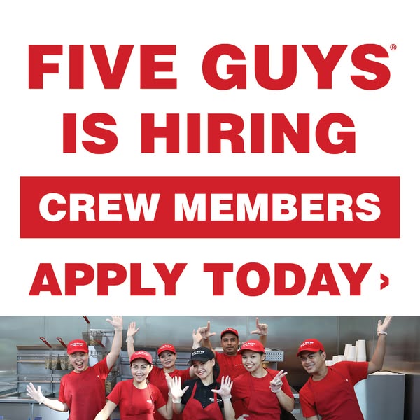 This is an ad that highlights that Five Guys is hiring new crew members and prompts users to apply today.