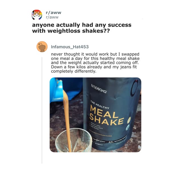 This ad presents a customer testimonial about the Tropeaka The Healthy Meal Shake, framed as a screenshot of a social me