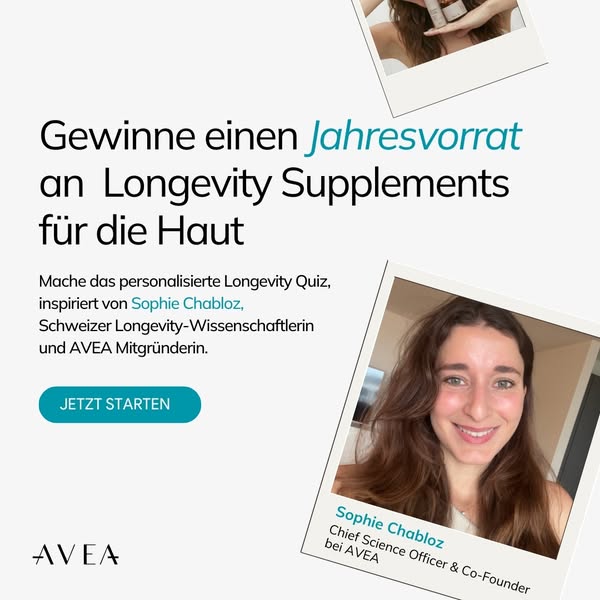 This ad for AVEA promotes a chance to win a year's supply of longevity supplements. It prompts the viewer to take a 