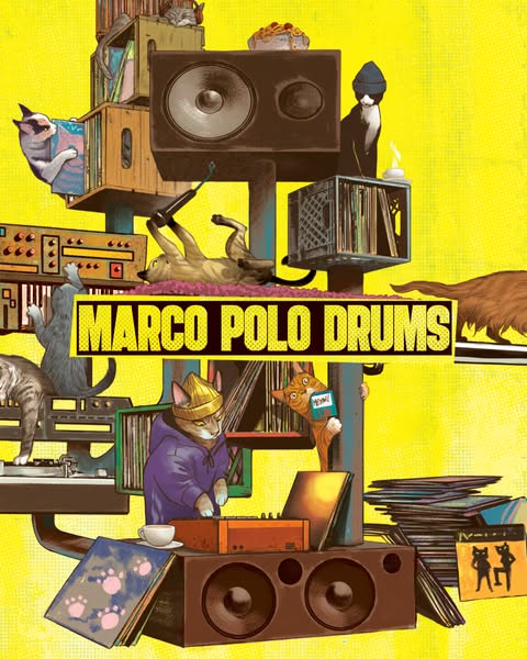 This image ad features an illustration of a multi-layered, chaotic DJ setup featuring various cats, dogs, and music equi