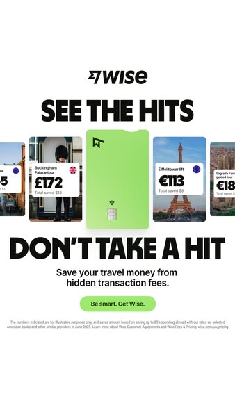 The ad promotes Wise as a solution to hidden transaction fees while traveling, emphasizing the savings that can be achie
