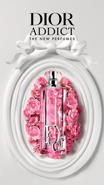 This ad showcases a bottle of Dior Addict perfume surrounded by pink flowers in a white frame. The ad emphasizes the new