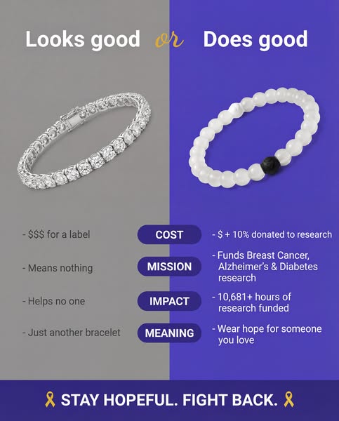 This ad compares a diamond bracelet to a bracelet made of white beads with a black bead, implying that one is costly and