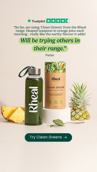This ad for Rheal Clean Greens features a Trustpilot review, a bottle of the product mixed in water, the product packagi