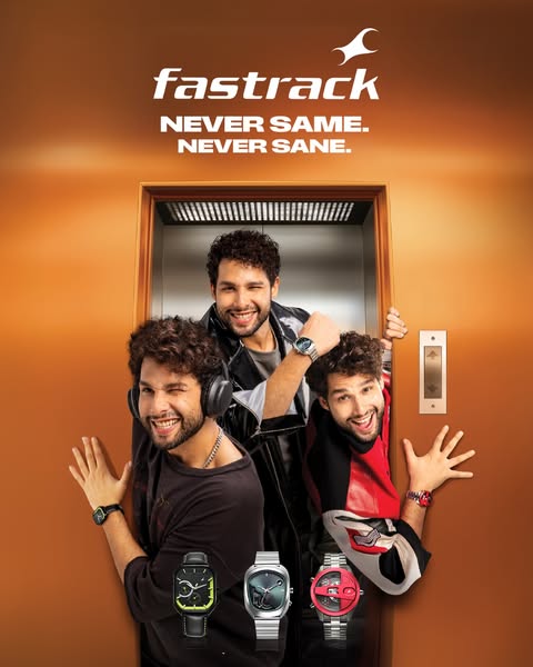 This image ad for Fastrack watches features three images of the same male model pulling open an elevator door. Each imag