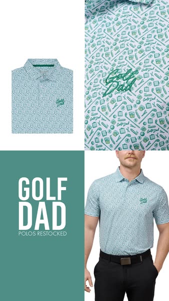 This image ad promotes Golf Dad polos, which are now restocked. The ad features a man wearing the polo and includes clos