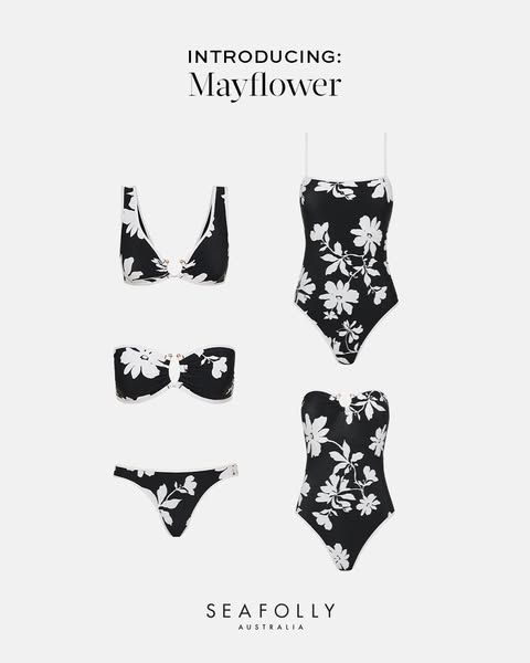 This image ad showcases Seafolly's new collection, Mayflower, featuring a variety of women's swimwear in a black